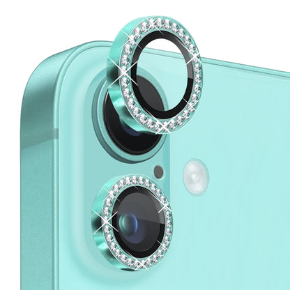 For iPhone 16 / 16 Plus NORTHJO Rhinestone Camera Lens Protector Tempered Glass Metal Ring Film(Cyan) by NORTHJO