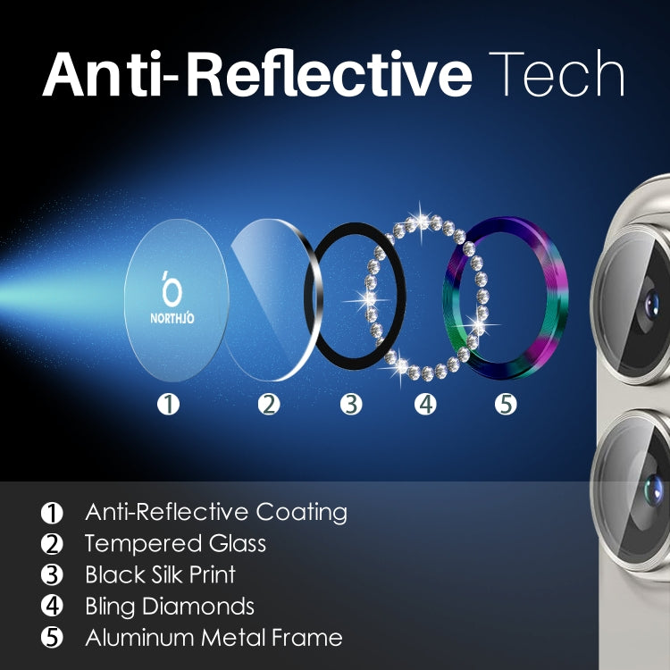 For iPhone 16 / 16 Plus NORTHJO Rhinestone Camera Lens Protector Tempered Glass Metal Ring Film(Colorful) by NORTHJO