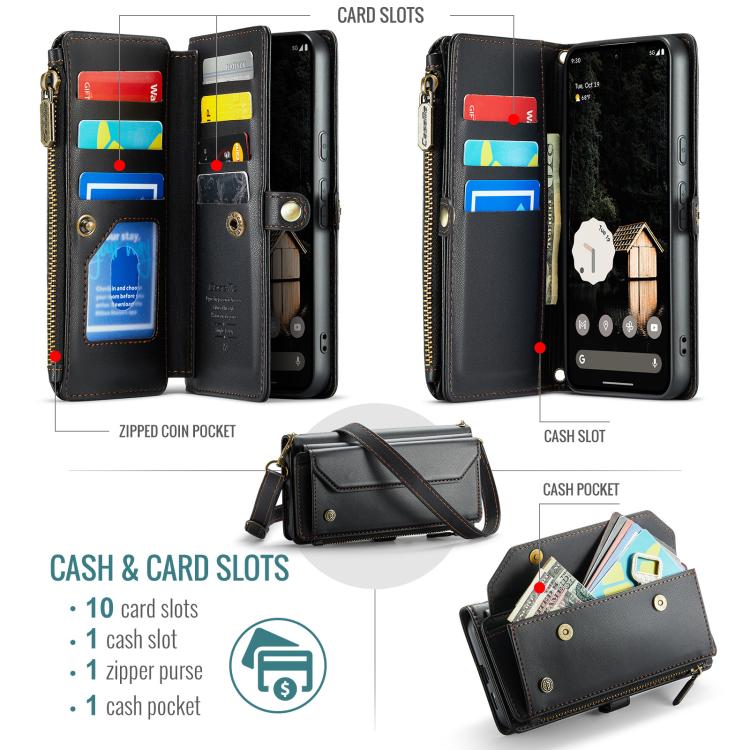 For Google Pixel 9a CaseMe C36 Card Slots Zipper Wallet RFID Anti-theft Leather Phone Case(Black) by CaseMe