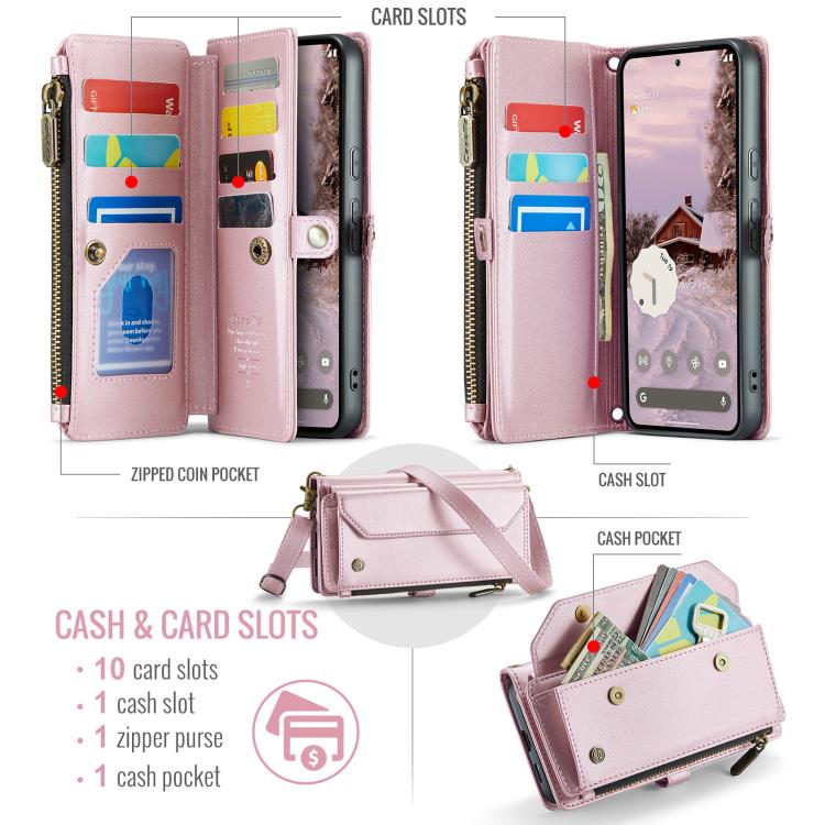For Google Pixel 9a CaseMe C36 Card Slots Zipper Wallet RFID Anti-theft Leather Phone Case(Pink) by CaseMe