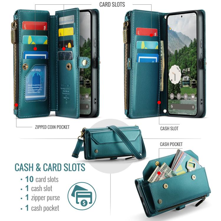 For Google Pixel 9a CaseMe C36 Card Slots Zipper Wallet RFID Anti-theft Leather Phone Case(Green) by CaseMe