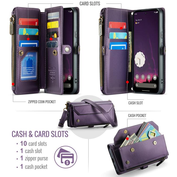 For Google Pixel 9a CaseMe C36 Card Slots Zipper Wallet RFID Anti-theft Leather Phone Case(Purple) by CaseMe