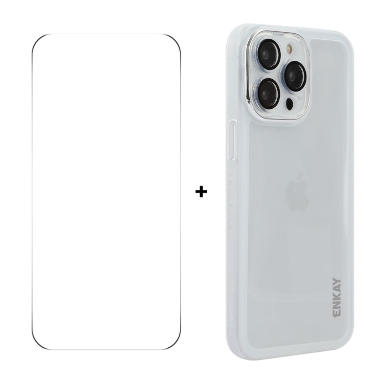 For iPhone 15 Pro Max ENKAY Hat-Prince Translucent Matte TPU Phone Case with Lens Film + 9H Big Arc Edge Film(White) by ENKAY
