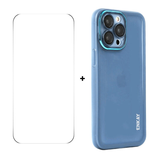 For iPhone 15 Pro ENKAY Hat-Prince Translucent Matte TPU Phone Case with Lens Film + 9H Big Arc Edge Film(Blue) by ENKAY