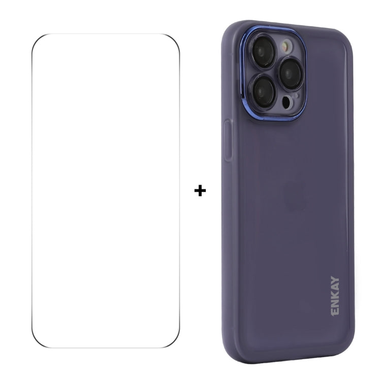 For iPhone 15 Pro ENKAY Hat-Prince Translucent Matte TPU Phone Case with Lens Film + 9H Big Arc Edge Film(Purple) by ENKAY