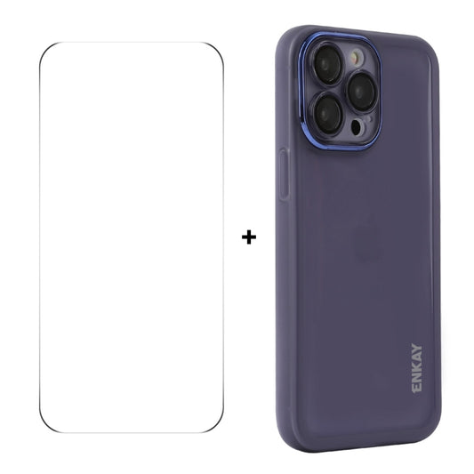 For iPhone 15 Pro ENKAY Hat-Prince Translucent Matte TPU Phone Case with Lens Film + 9H Big Arc Edge Film(Purple) by ENKAY