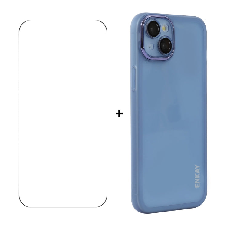 For iPhone 15 Plus ENKAY Hat-Prince Translucent Matte TPU Phone Case with Lens Film + 9H Big Arc Edge Film(Blue) by ENKAY