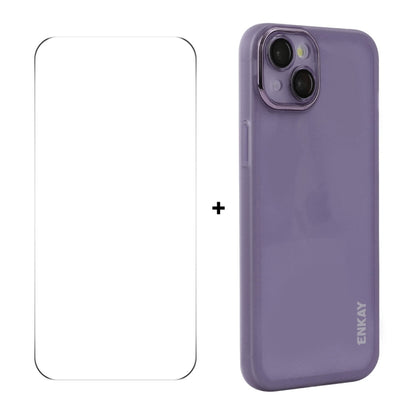 For iPhone 15 Plus ENKAY Hat-Prince Translucent Matte TPU Phone Case with Lens Film + 9H Big Arc Edge Film(Purple) by ENKAY