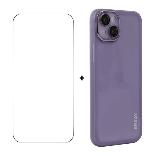 For iPhone 15 ENKAY Hat-Prince Translucent Matte TPU Phone Case with Lens Film + 9H Big Arc Edge Film(Purple) by ENKAY