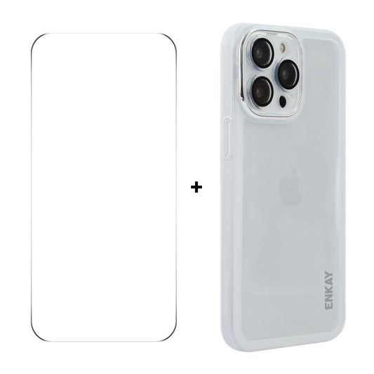 For iPhone 14 Pro ENKAY Hat-Prince Translucent Matte TPU Phone Case with Lens Film + 9H Big Arc Edge Film(White) by ENKAY