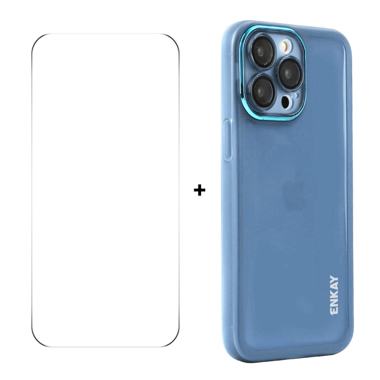 For iPhone 16 Pro Max ENKAY Hat-Prince Translucent Matte TPU Phone Case with Lens Film + 9H Big Arc Edge Film(Blue) by ENKAY