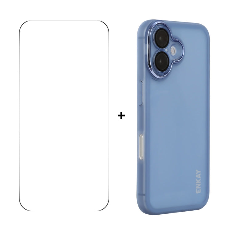 For iPhone 16 Plus ENKAY Hat-Prince Translucent Matte TPU Phone Case with Lens Film + 9H Big Arc Edge Film(Blue) by ENKAY