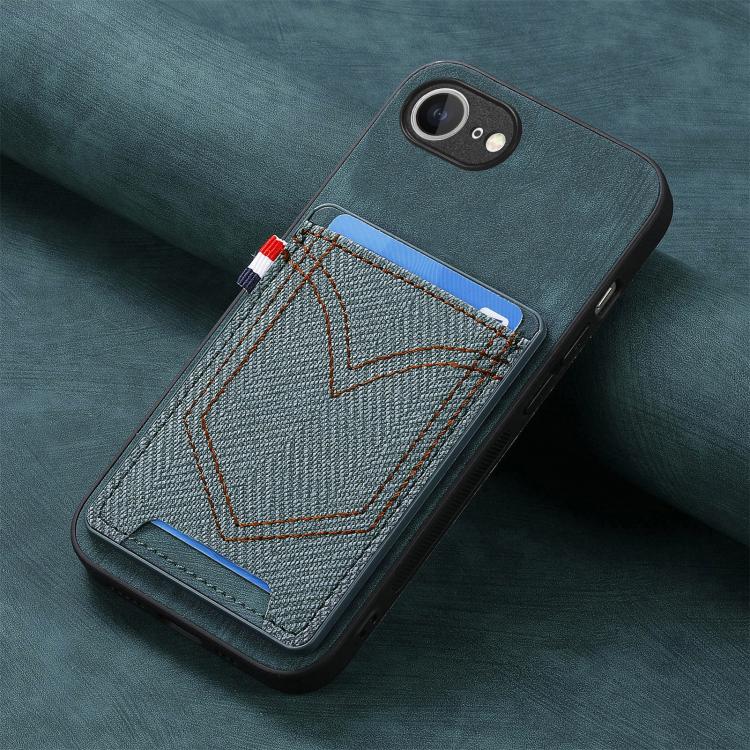 For iPhone 16e Denim Texture Leather Skin Phone Case with Card Slot(Green) by bashfashion