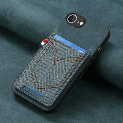 For iPhone 16e Denim Texture Leather Skin Phone Case with Card Slot(Green) by bashfashion