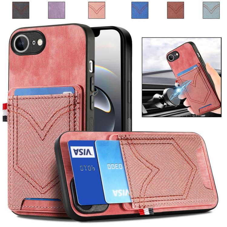 For iPhone 16e Denim Texture Leather Skin Phone Case with Card Slot(Pink) by bashfashion