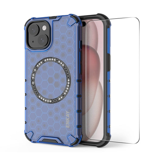 For iPhone 15 Plus ENKAY Hat-Prince Honeycomb MagSafe Shockproof Phone Case with Large Arc Edge Film(Blue) by ENKAY