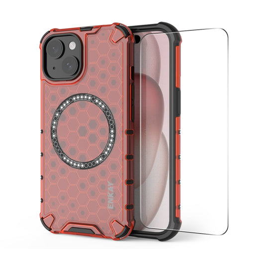 For iPhone 15 ENKAY Hat-Prince Honeycomb MagSafe Shockproof Phone Case with Large Arc Edge Film(Red) by ENKAY