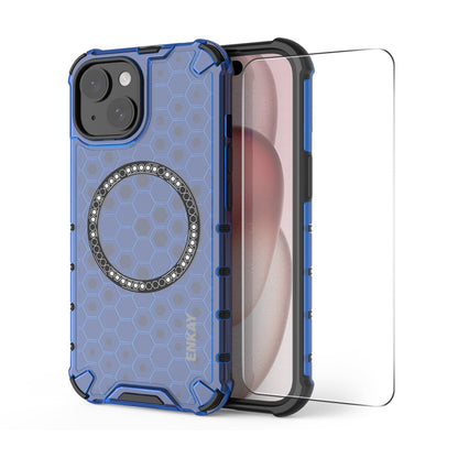 For iPhone 15 ENKAY Hat-Prince Honeycomb MagSafe Shockproof Phone Case with Large Arc Edge Film(Blue) by ENKAY