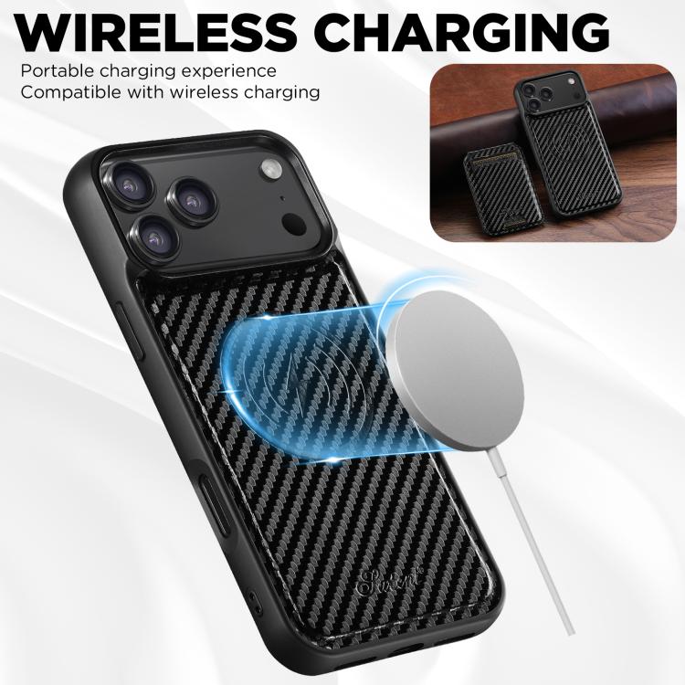 For iPhone 17 Pro Max Suteni TXWH18 Carbon Fiber Texture Detachable Wallet MagSafe Phone Case(Black) by Suteni