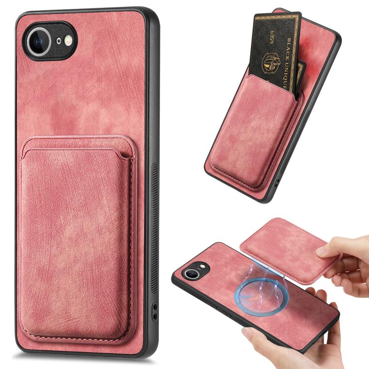 For iPhone 16e Retro Leather Card Bag Magnetic Phone Case(Pink) by bashfashion