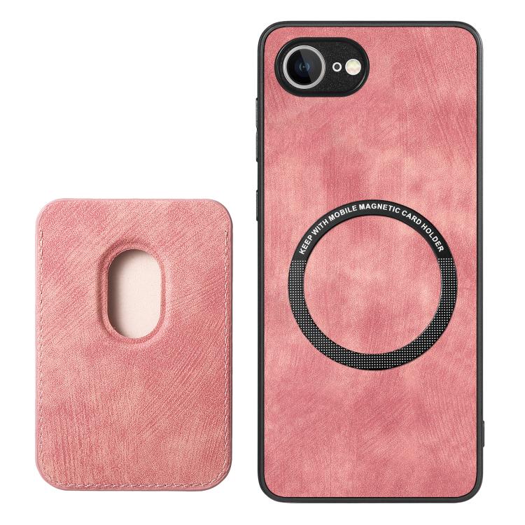 For iPhone 16e Retro Leather Card Bag Magnetic Phone Case(Pink) by bashfashion