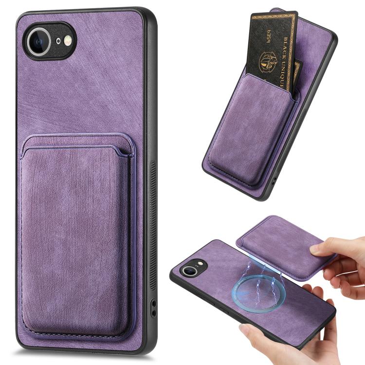 For iPhone 16e Retro Leather Card Bag Magnetic Phone Case(Purple) by bashfashion