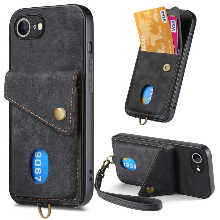 For iPhone 16e Retro Card Wallet Fold Leather Phone Case with Strap(Black) by bashfashion