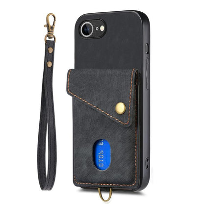 For iPhone 16e Retro Card Wallet Fold Leather Phone Case with Strap(Black) by bashfashion