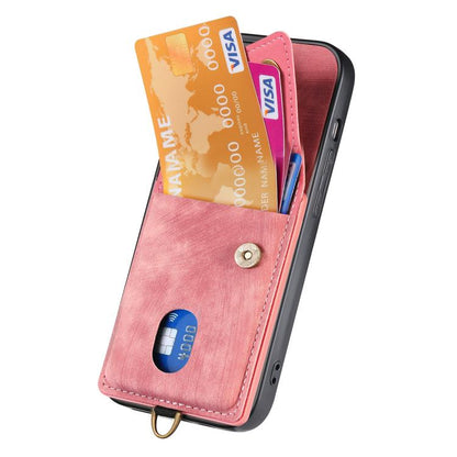 For iPhone 16e Retro Card Wallet Fold Leather Phone Case with Strap(Pink) by bashfashion