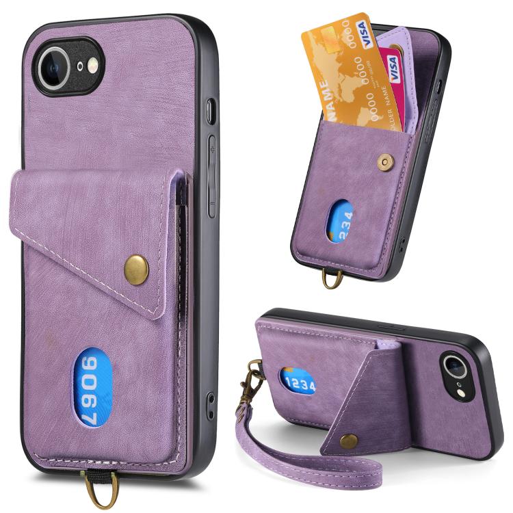 For iPhone 16e Retro Card Wallet Fold Leather Phone Case with Strap(Purple) by bashfashion
