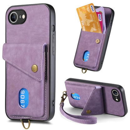 For iPhone 16e Retro Card Wallet Fold Leather Phone Case with Strap(Purple) by bashfashion