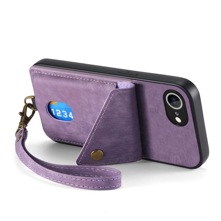 For iPhone 16e Retro Card Wallet Fold Leather Phone Case with Strap(Purple) by bashfashion