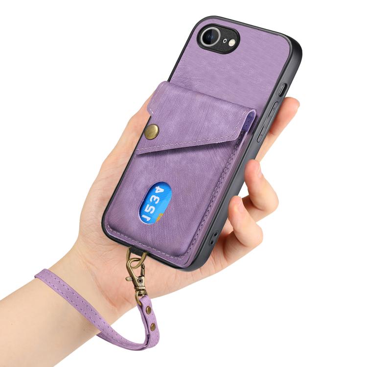 For iPhone 16e Retro Card Wallet Fold Leather Phone Case with Strap(Purple) by bashfashion