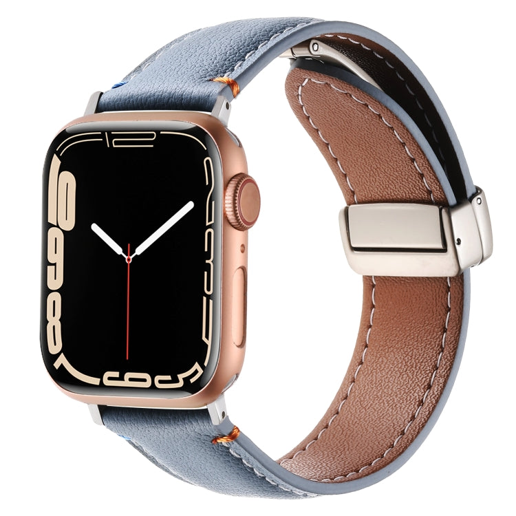 Magnetic Buckle Stitched Genuine Leather Watch Band For Apple Watch 46mm / 49mm / 45mm / 44mm(Blue) by bashfashion