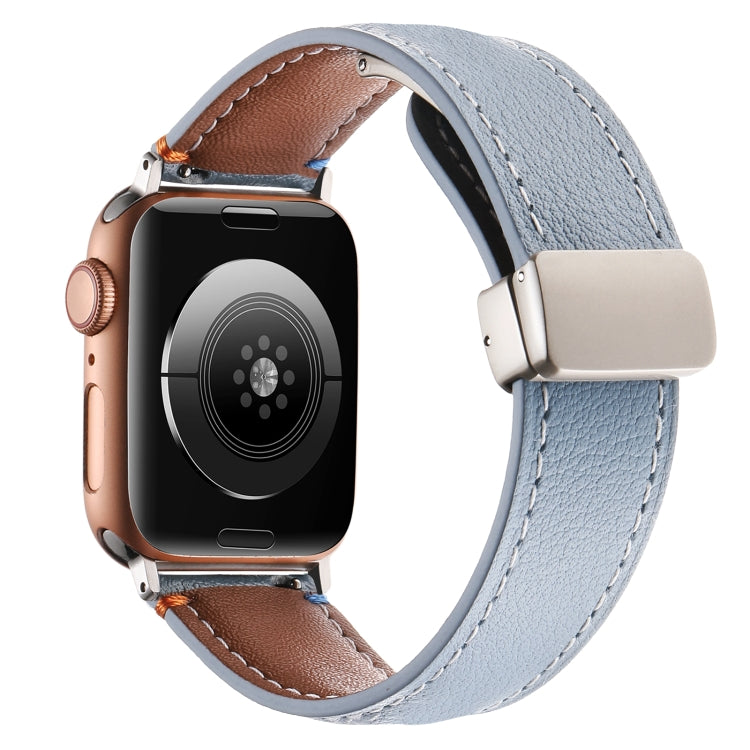 Magnetic Buckle Stitched Genuine Leather Watch Band For Apple Watch 46mm / 49mm / 45mm / 44mm(Blue) by bashfashion