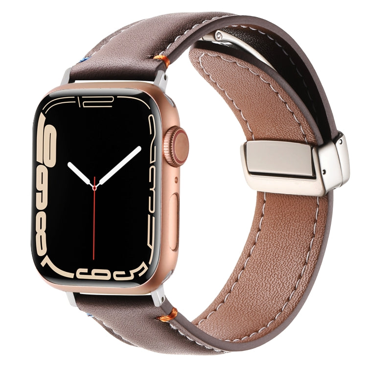 Magnetic Buckle Stitched Genuine Leather Watch Band For Apple Watch 46mm / 49mm / 45mm / 44mm(Dark Brown) by bashfashion