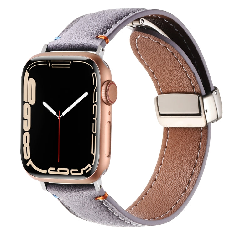 Magnetic Buckle Stitched Genuine Leather Watch Band For Apple Watch 46mm / 49mm / 45mm / 44mm(Purple) by bashfashion