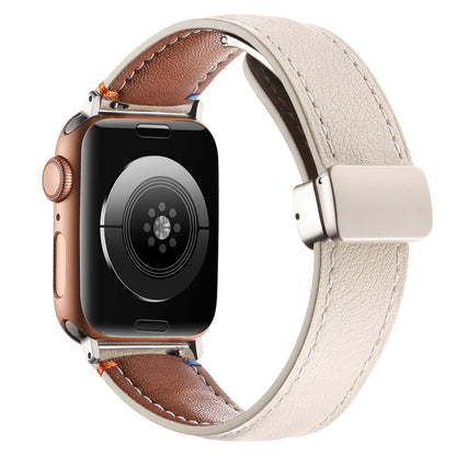 Magnetic Buckle Stitched Genuine Leather Watch Band For Apple Watch 42mm / 41mm / 40mm / 38mm(White Milk) by bashfashion