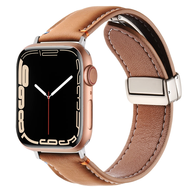 Magnetic Buckle Stitched Genuine Leather Watch Band For Apple Watch 42mm / 41mm / 40mm / 38mm(Yellow Brown) by bashfashion