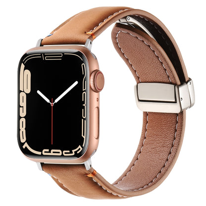 Magnetic Buckle Stitched Genuine Leather Watch Band For Apple Watch 42mm / 41mm / 40mm / 38mm(Yellow Brown) by bashfashion