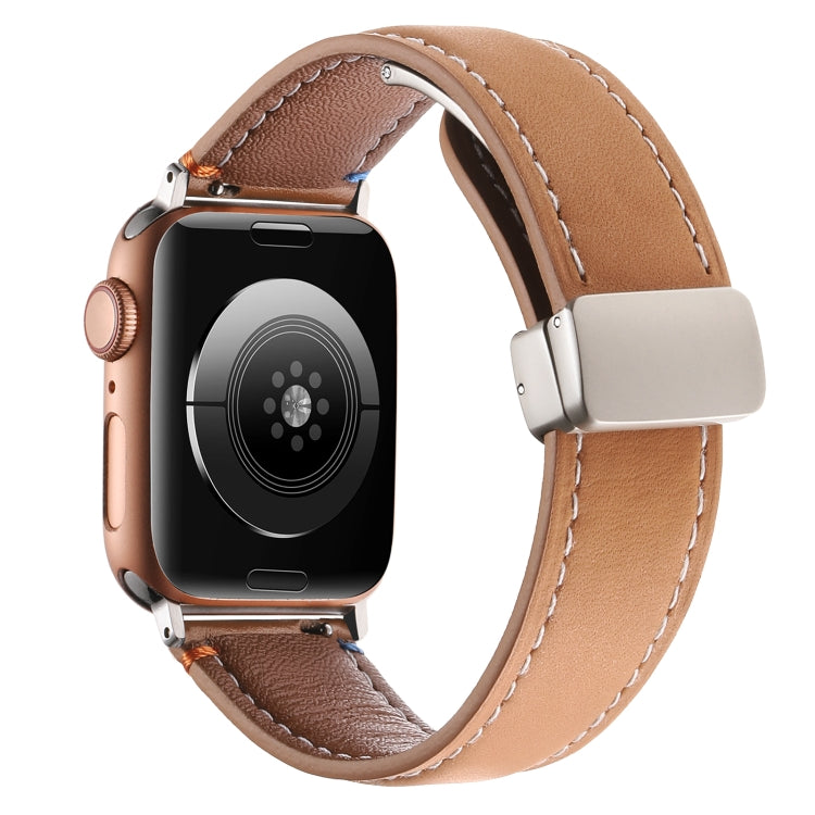 Magnetic Buckle Stitched Genuine Leather Watch Band For Apple Watch 42mm / 41mm / 40mm / 38mm(Yellow Brown) by bashfashion