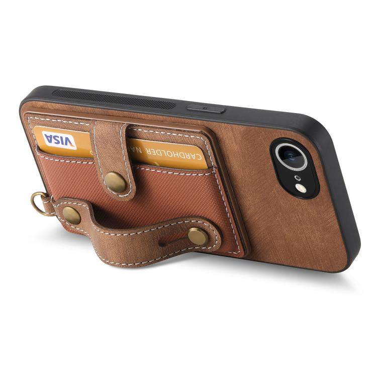 For iPhone 16e Retro Cross Wristband Wallet Leather Back Phone Case(Brown) by bashfashion
