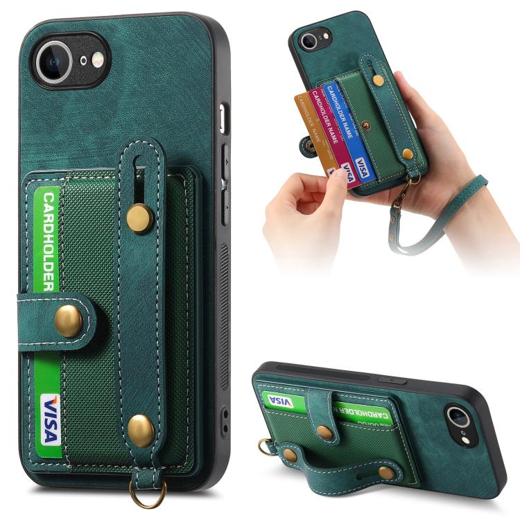 For iPhone 16e Retro Cross Wristband Wallet Leather Back Phone Case(Green) by bashfashion