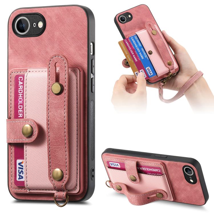 For iPhone 16e Retro Cross Wristband Wallet Leather Back Phone Case(Pink) by bashfashion