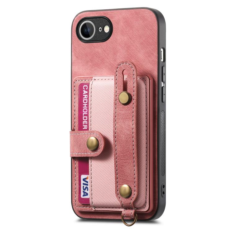 For iPhone 16e Retro Cross Wristband Wallet Leather Back Phone Case(Pink) by bashfashion