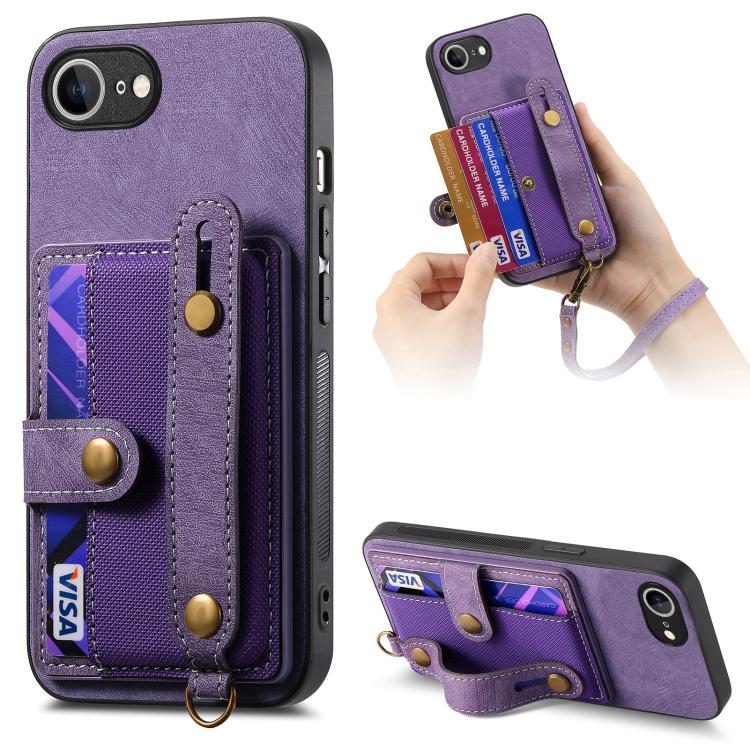 For iPhone 16e Retro Cross Wristband Wallet Leather Back Phone Case(Purple) by bashfashion