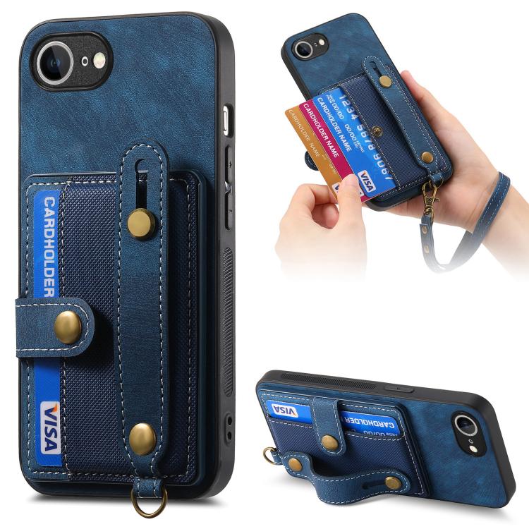 For iPhone 16e Retro Cross Wristband Wallet Leather Back Phone Case(Blue) by bashfashion