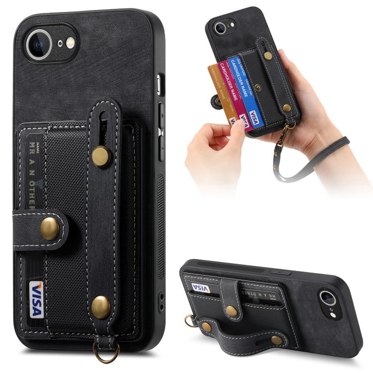 For iPhone 16e Retro Cross Wristband Wallet Leather Back Phone Case(Black) by bashfashion