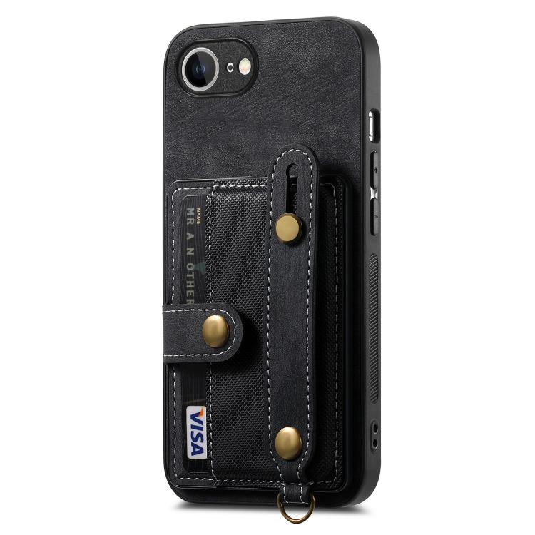 For iPhone 16e Retro Cross Wristband Wallet Leather Back Phone Case(Black) by bashfashion
