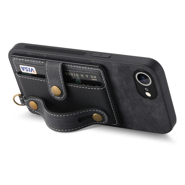 For iPhone 16e Retro Cross Wristband Wallet Leather Back Phone Case(Black) by bashfashion